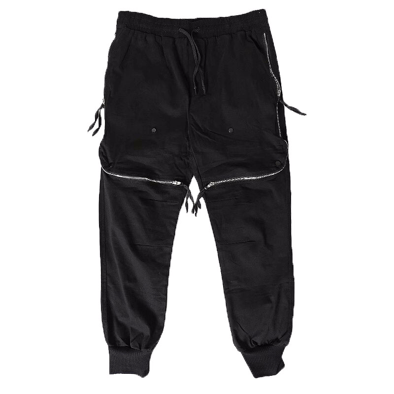 Men's black tactical zipper trousers with elastic waist and functional pockets for stylish comfort.