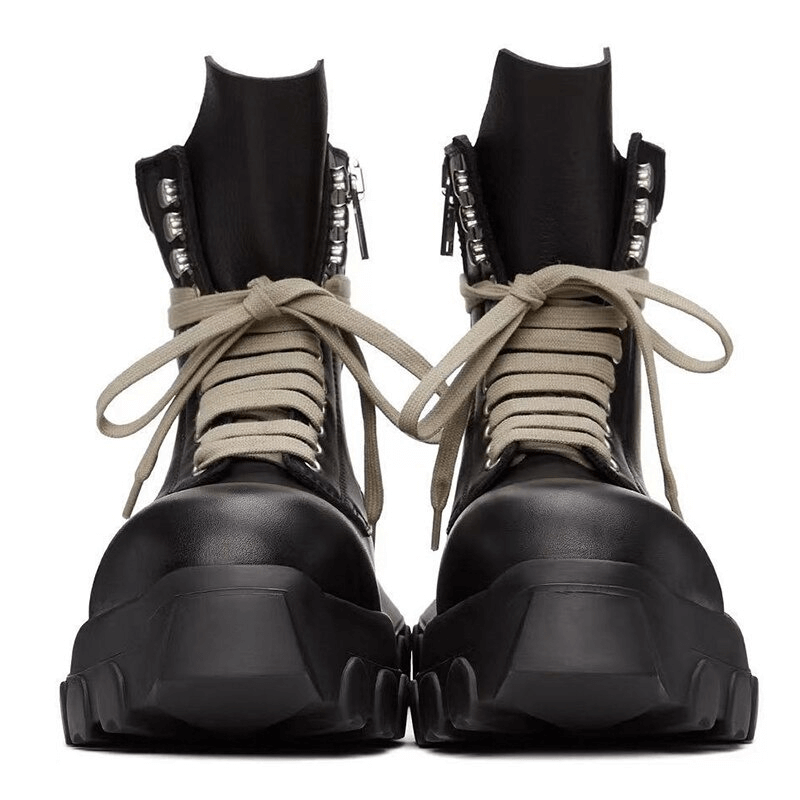 Fashion Thick-sole Ankle Boots with Light-Colored Laces / Soft Genuine Leather Shoes with Rivets