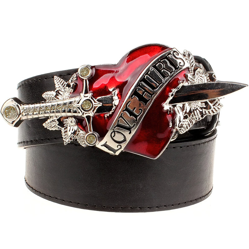Unisex genuine leather belt featuring a stylish heart and dagger buckle with "Love Hurts" design.