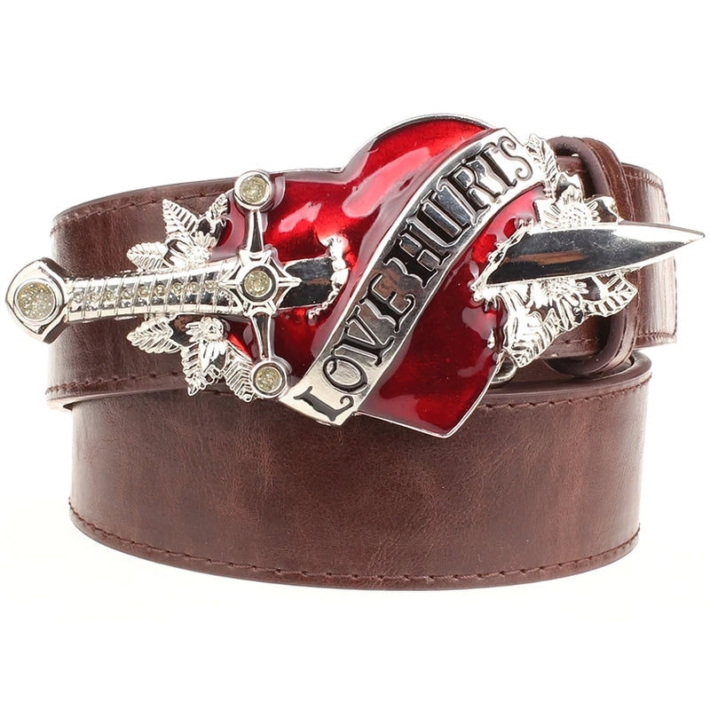 Unisex genuine leather belt featuring a cool heart and dagger buckle with 'Love Hurts' design.