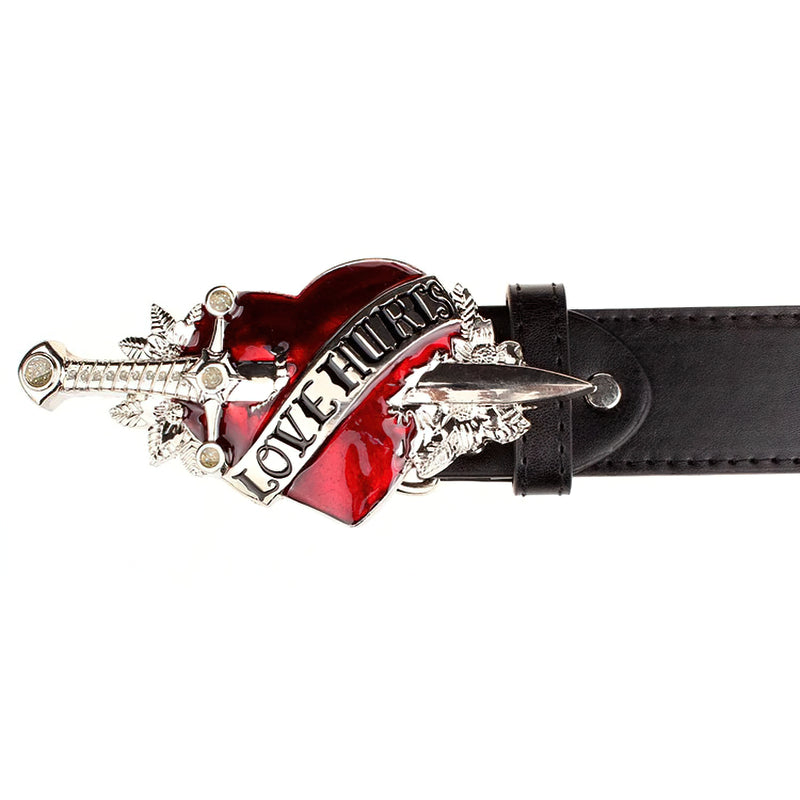 Fashion unisex leather belt with heart and dagger buckle, featuring 'Love Hurts' inscription.