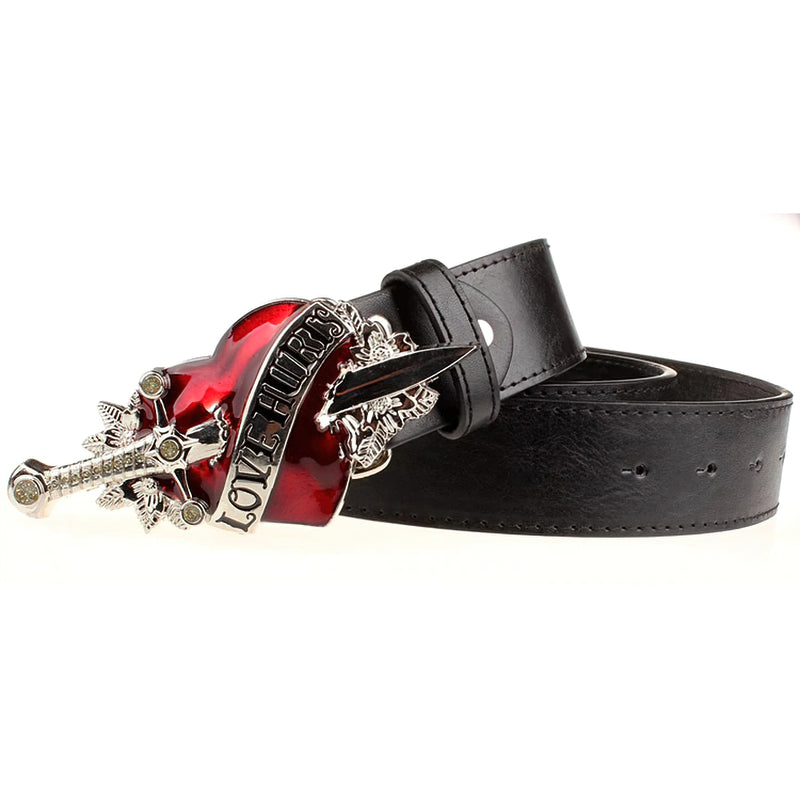 Unisex genuine leather belt featuring a cool heart and dagger buckle with "Love Hurts" design, perfect for stylish outfits.