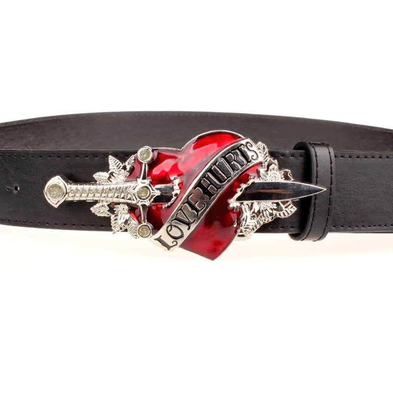 Stylish unisex genuine leather belt featuring a heart and dagger buckle with 'Love Hurts' design.