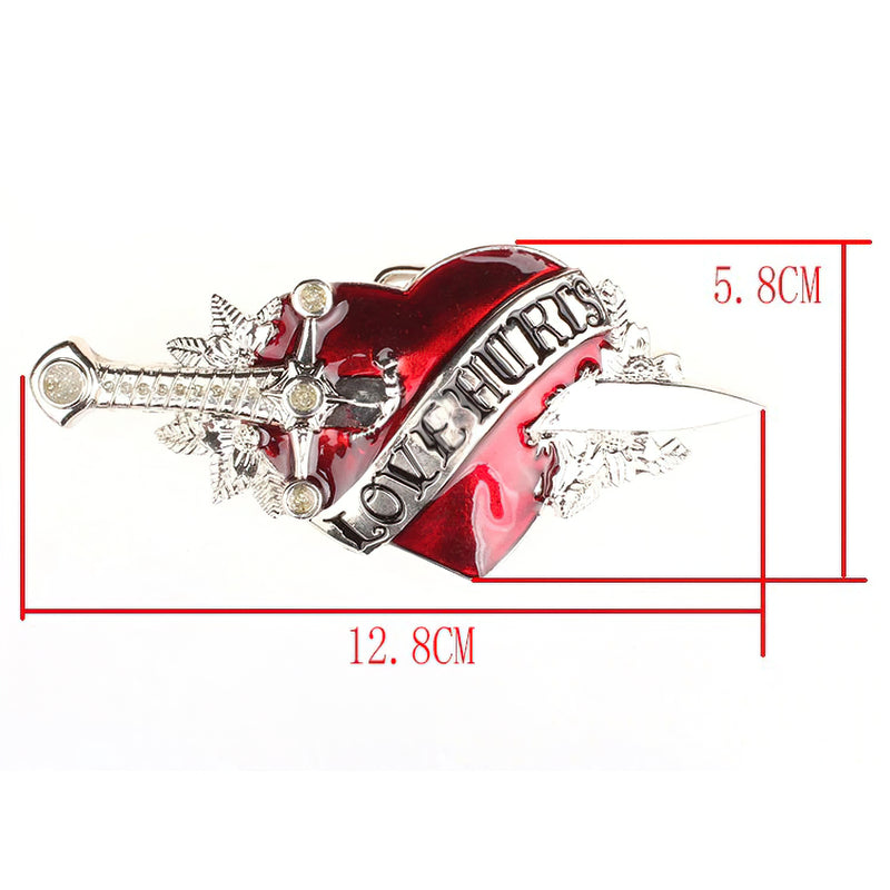 Stylish heart and dagger metal buckle with 'Love Hurts' inscription, measuring 12.8cm x 5.8cm, perfect for unisex leather belts.