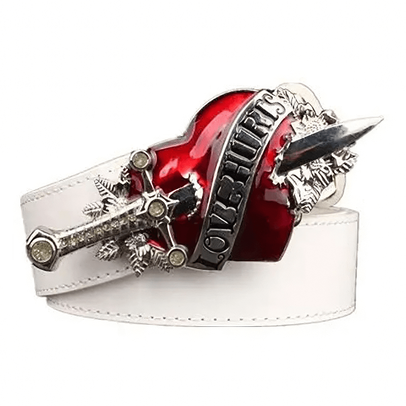 Unisex genuine leather belt with a red heart and dagger buckle featuring 'Love Hurts' design.