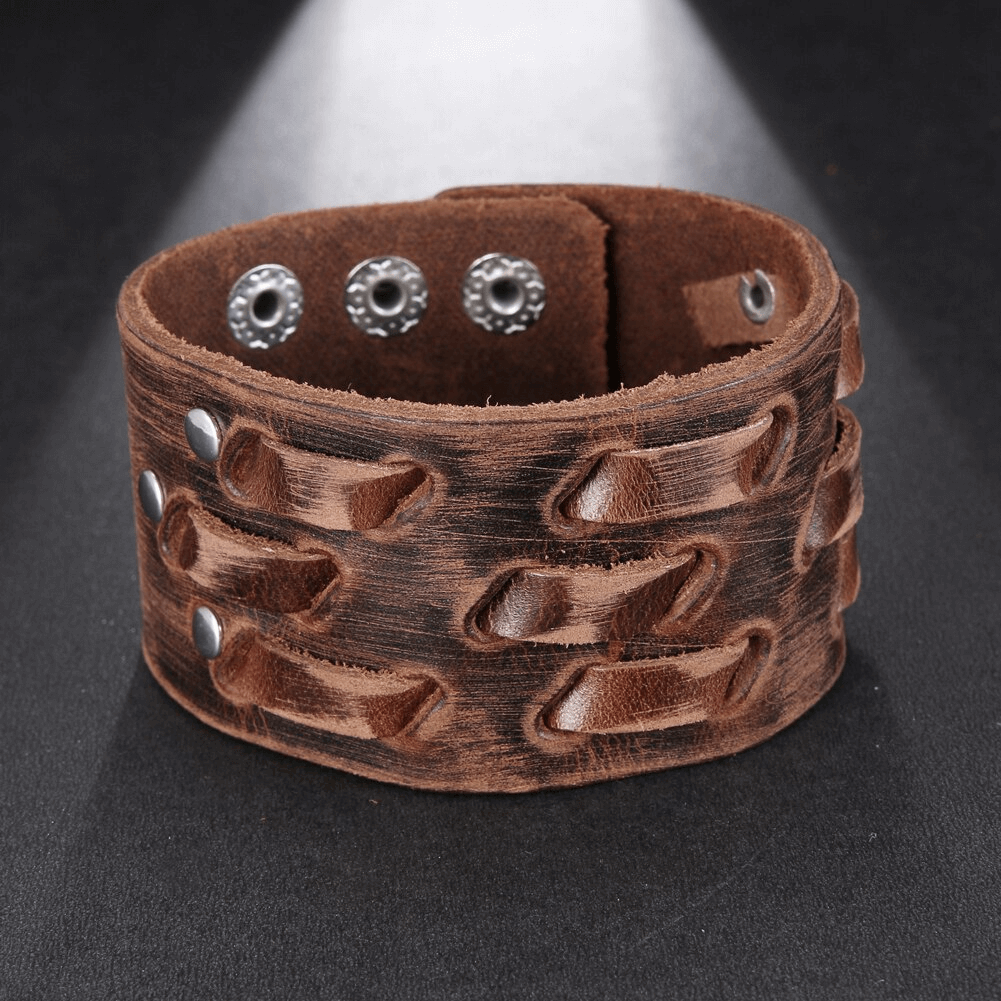 Wide brown genuine leather cuff bracelet with stylish punk design and metal studs, perfect for vintage punk jewelry lovers.