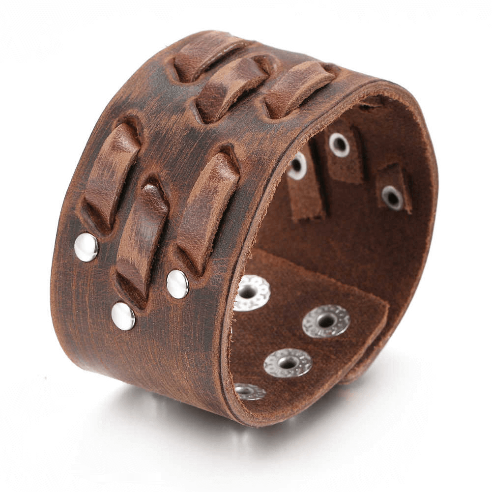 Brown wide genuine leather bracelet with stylish studs and textured design, perfect for punk fashion lovers.