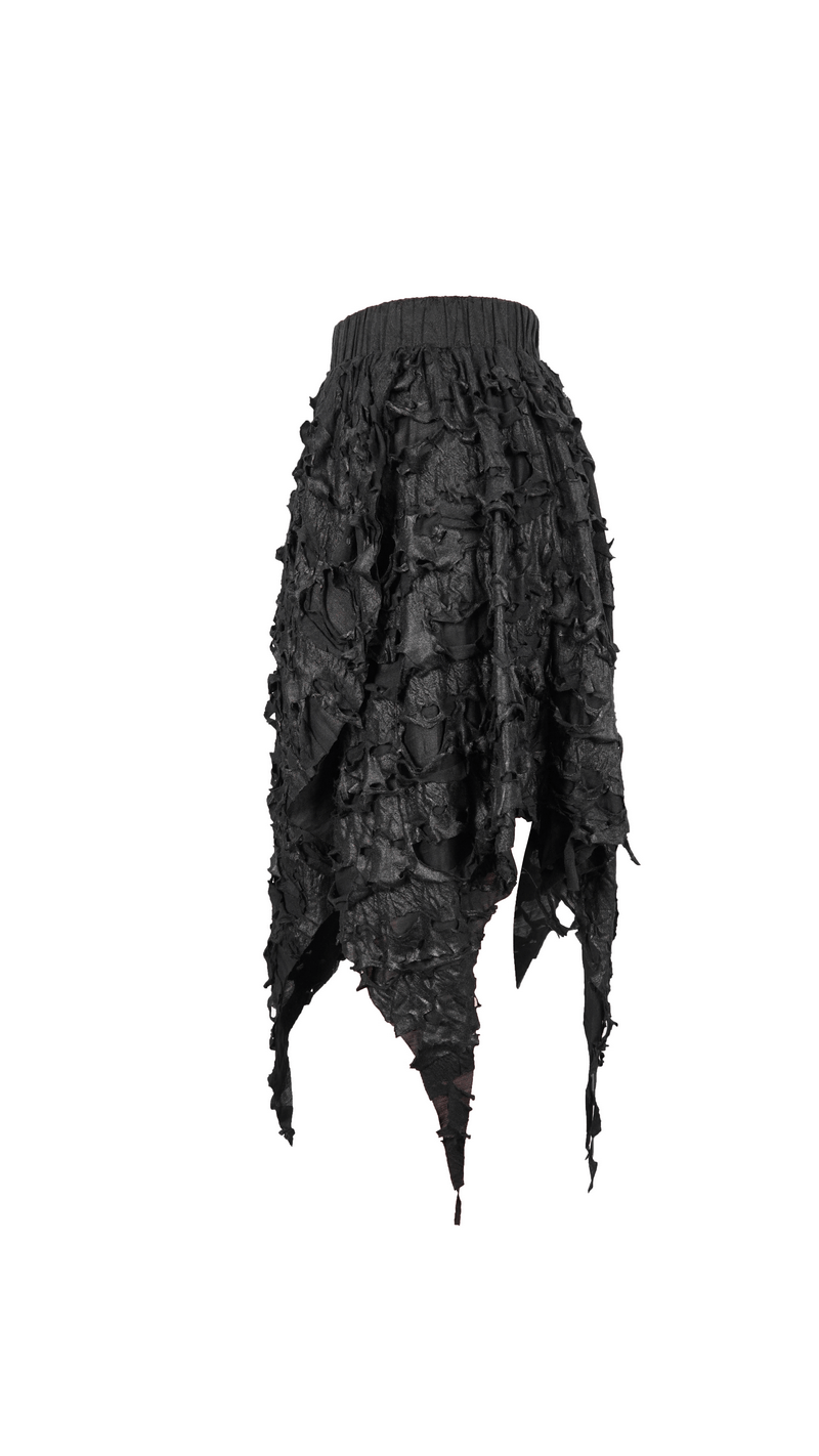 Asymmetrical black gothic skirt with ruffled texture and elastic waist, perfect for trendy outfits.