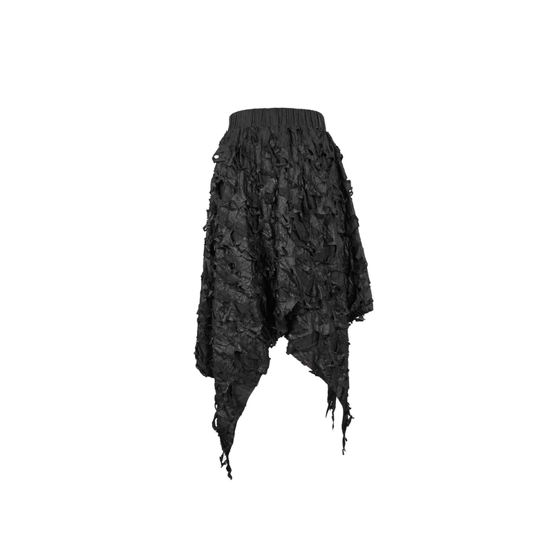 Fashion women's black asymmetric hem gothic skirt with elastic waist and unique ruffled design for trendy outfits.