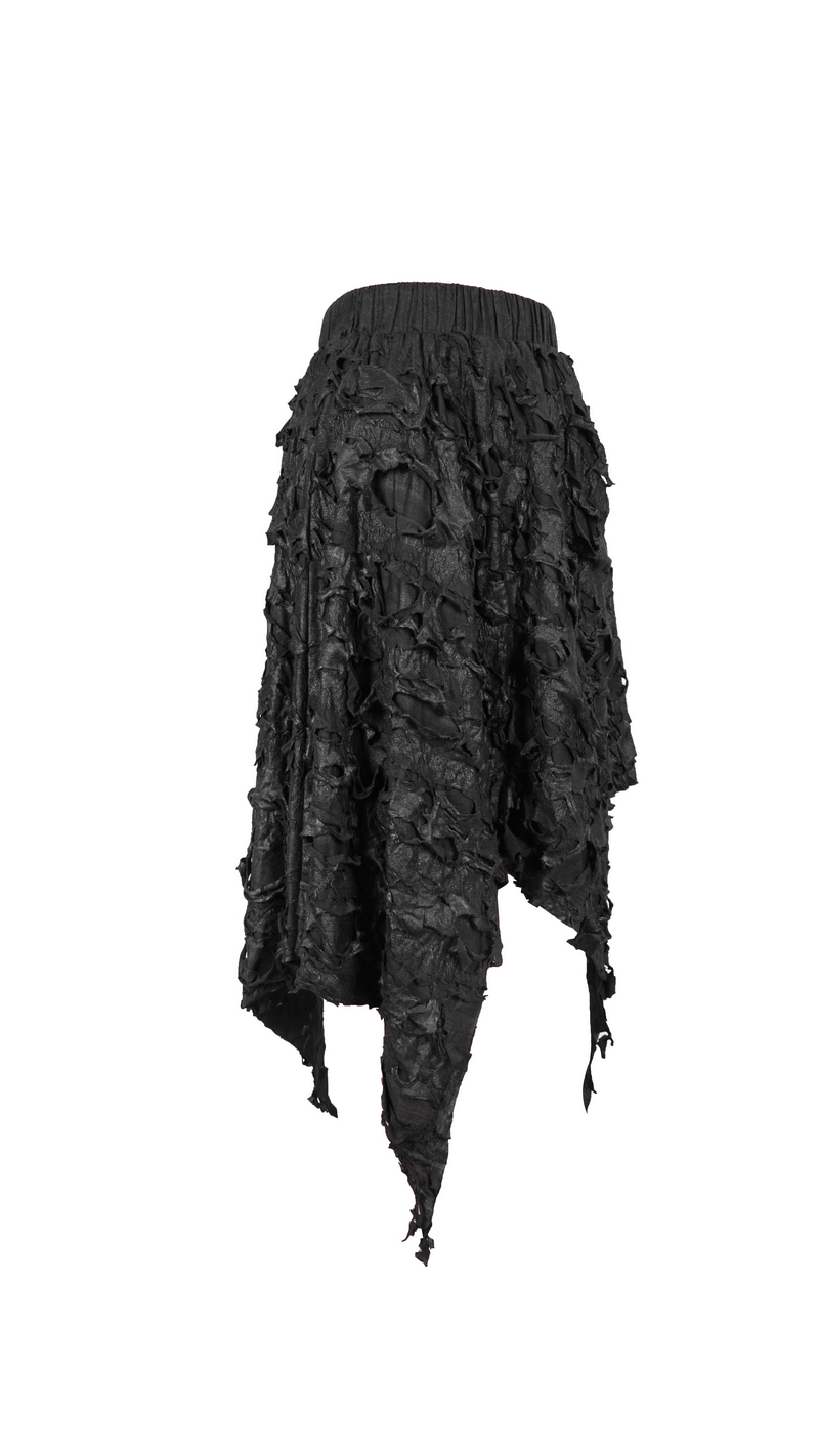 Trendy women's black asymmetrical hem skirt in gothic style with elastic waist and ruffled fabric.