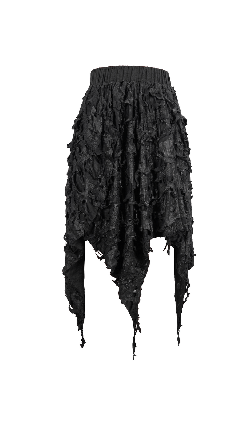 Trendy women's black asymmetric hem skirt in gothic style with a unique textured design and elastic waistband.
