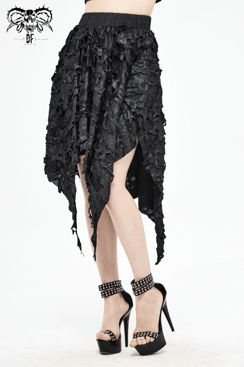 Trendy gothic women's asymmetric hem black skirt with elastic waist, perfect for bold fashion statements.