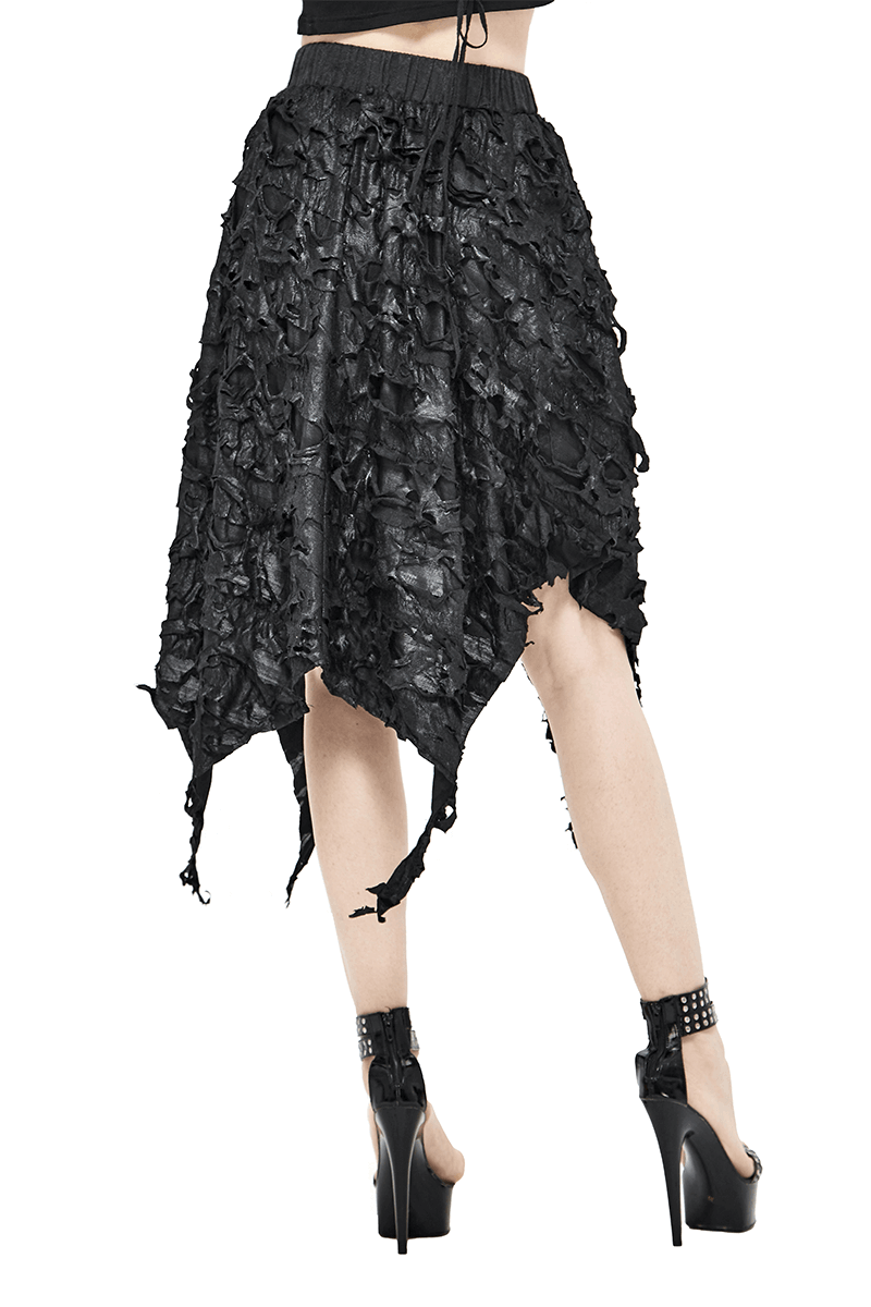 Asymmetric hem gothic women's black skirt with ruffled texture, perfect for trendy outfits.
