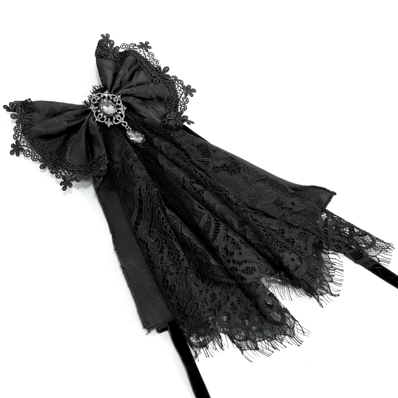 Vintage gothic women's black lace bow tie with silver brooch, perfect accessory for steampunk outfits.