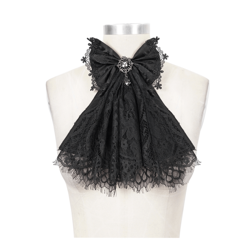 Fashion women's black lace bow tie accessory with silver brooch, perfect for gothic vintage style outfits.
