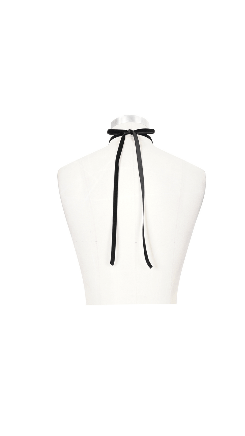 Back view of a women's black lace bow tie with long ties, a vintage gothic accessory for elegant outfits.
