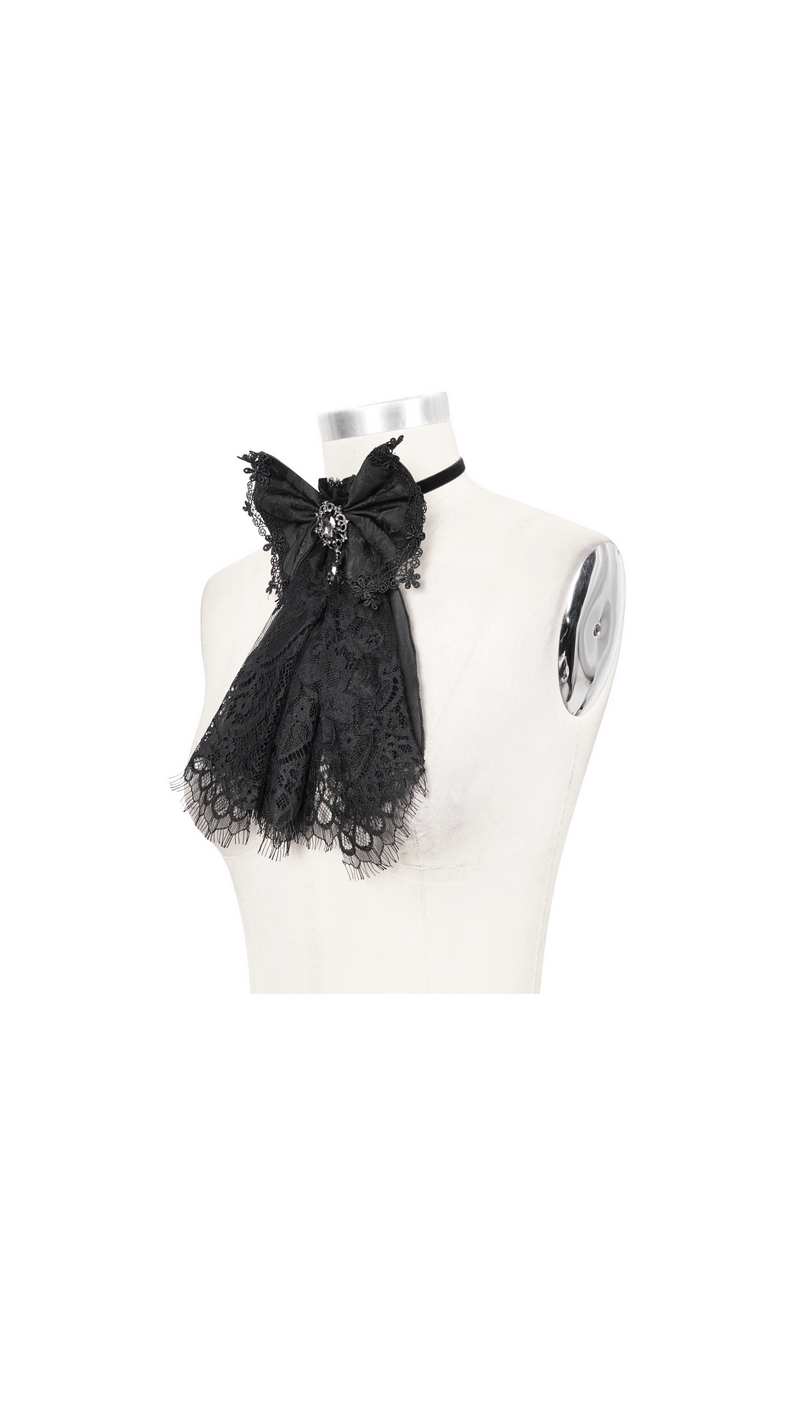 Elegant black lace bow tie for women, featuring a silver brooch, perfect for gothic and vintage styles.
