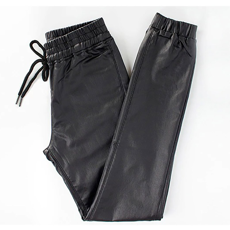 Fashion Women's Black Long Pants With Lace Up / Ladies Faux Leather Wet Look Leather Trousers - HARD'N'HEAVY