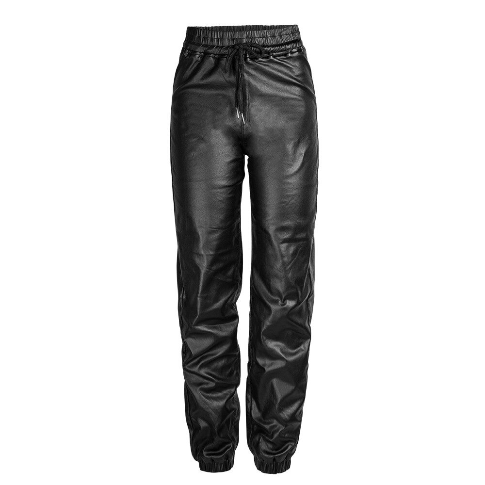 Fashion Women's Black Long Pants With Lace Up / Ladies Faux Leather Wet Look Leather Trousers - HARD'N'HEAVY