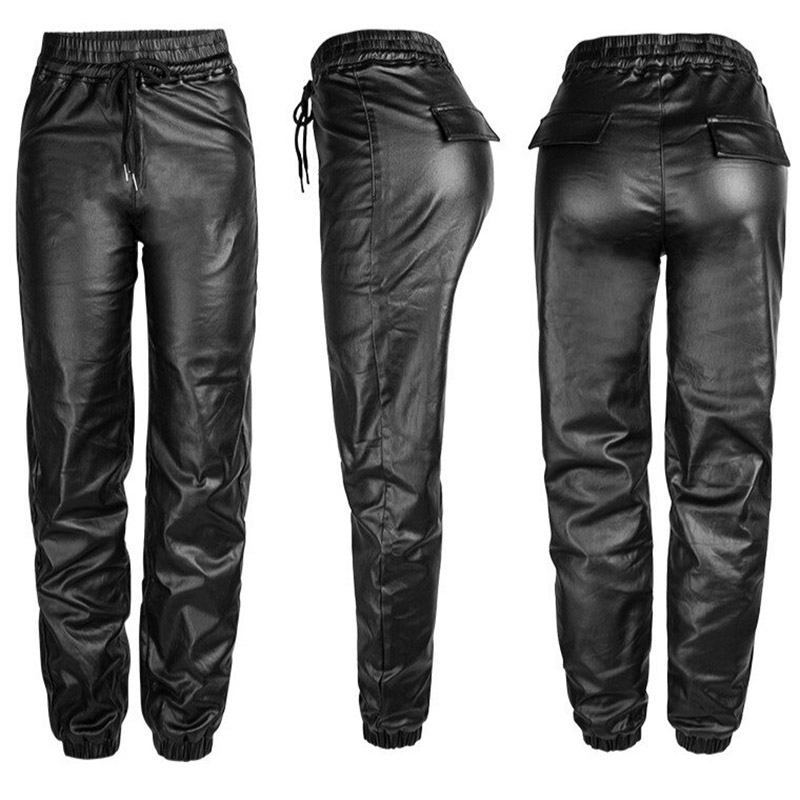 Fashion Women's Black Long Pants With Lace Up / Ladies Faux Leather Wet Look Leather Trousers - HARD'N'HEAVY
