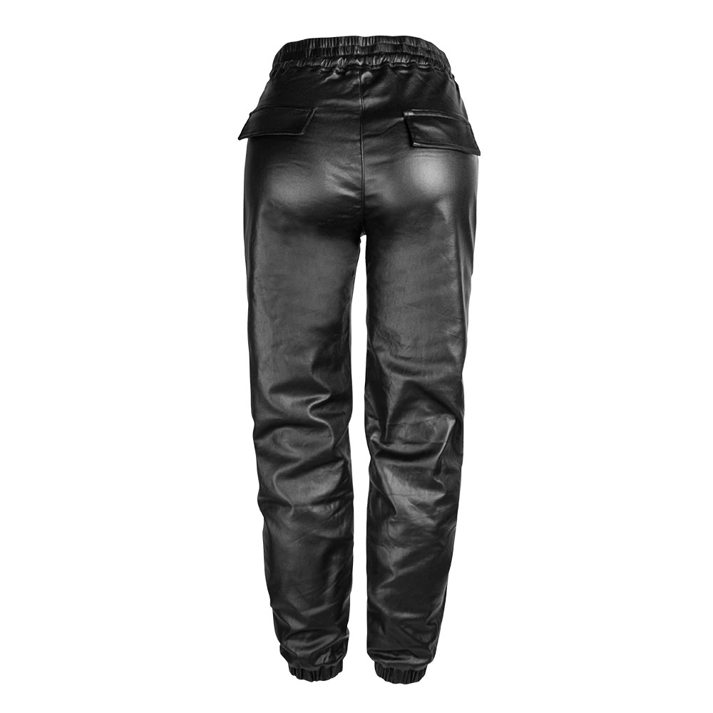 Fashion Women's Black Long Pants With Lace Up / Ladies Faux Leather Wet Look Leather Trousers - HARD'N'HEAVY