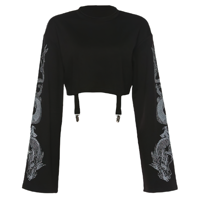 Fashionable black women's cropped top with dragon print details on long sleeves, perfect for casual and comfy wear.