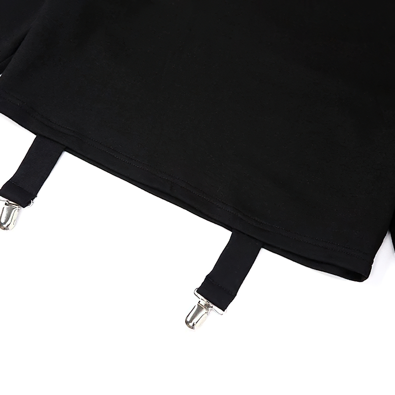 Detail view of a black women's pullover with flare sleeves and adjustable suspender clips, showcasing stylish and casual design.