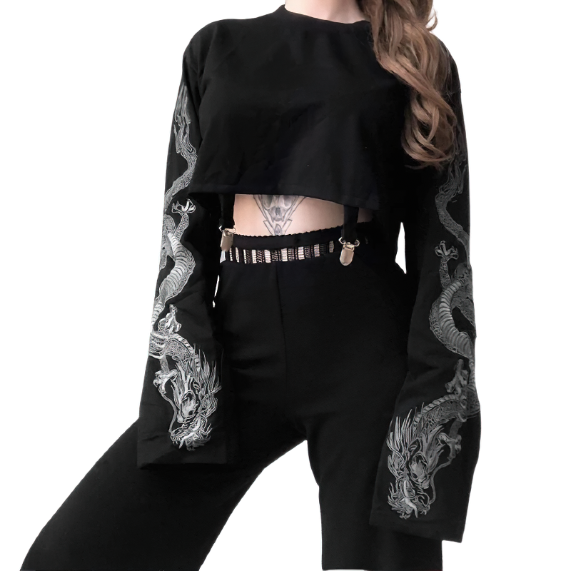 Fashionable women's black pullover with dragon print sleeves, perfect for casual and comfy styling.