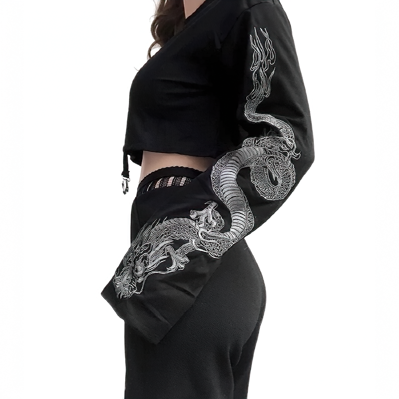 Fashionable women's black pullover with dragon print on sleeve, perfect for casual comfy outfits.