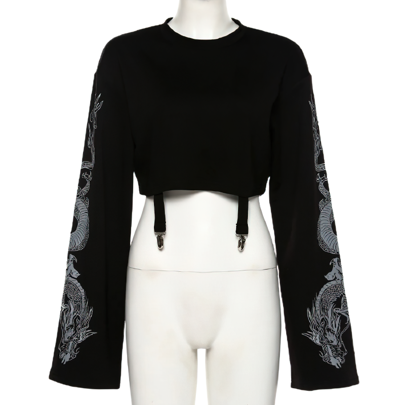 Fashion women's black pullover with dragon print, loose flare sleeves, perfect for casual comfy style.