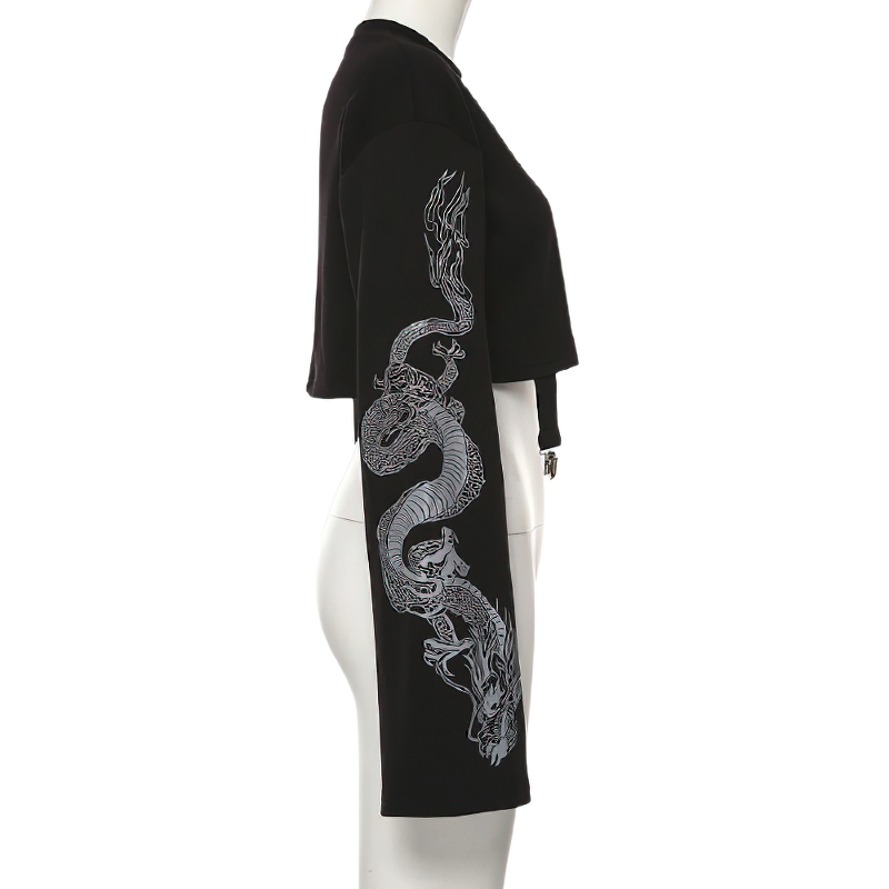 Women's black short top with loose flare sleeves and dragon print on the side, perfect for casual comfy styling.