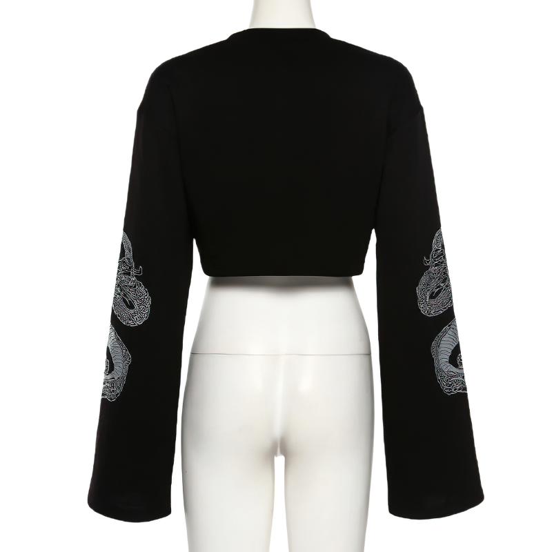 Back view of a women's black loose flare sleeve pullover featuring dragon print on sleeves, perfect for casual style.