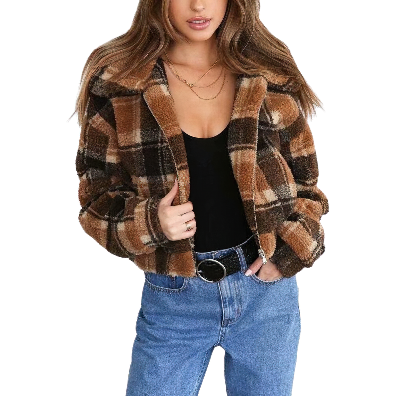 Fashion Women's Plaid Lamb Wool Jacket / Vintage Zipper Fleece Warm Jacket - HARD'N'HEAVY