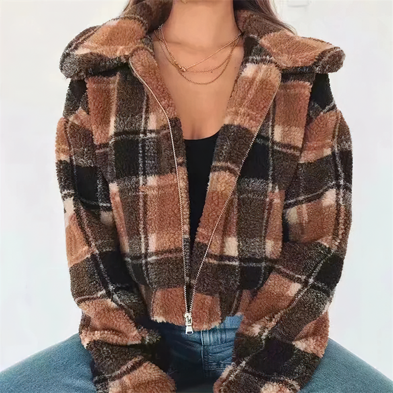 Fashion Women's Plaid Lamb Wool Jacket / Vintage Zipper Fleece Warm Jacket - HARD'N'HEAVY
