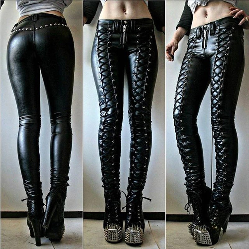 Fashion Women's Pleated PU Leather Trousers / Ladies Skinny Zipper Lace-up Pants - HARD'N'HEAVY