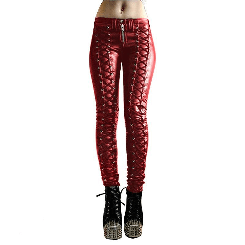 Fashion Women's Pleated PU Leather Trousers / Ladies Skinny Zipper Lace-up Pants - HARD'N'HEAVY