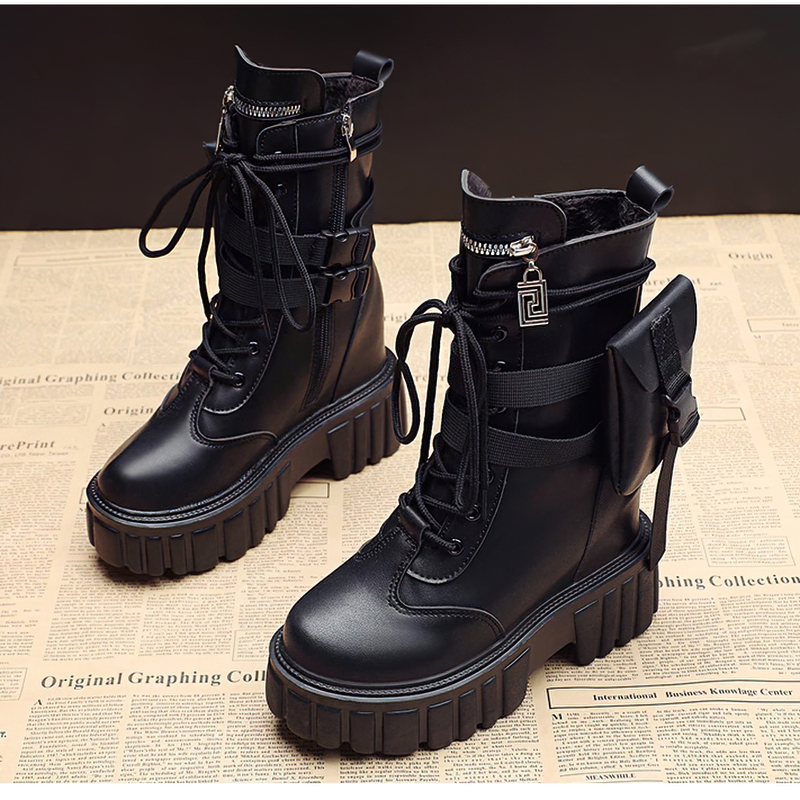 Fashion Women's PU Leather Boots / Comfortable Lace-Up Platform Shoes with Pocket - HARD'N'HEAVY