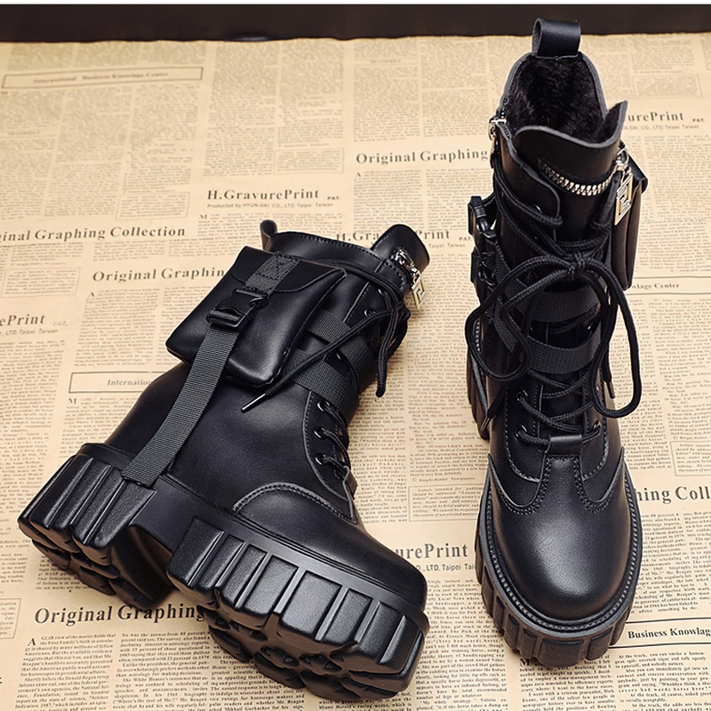 Fashion Women's PU Leather Boots / Comfortable Lace-Up Platform Shoes with Pocket - HARD'N'HEAVY