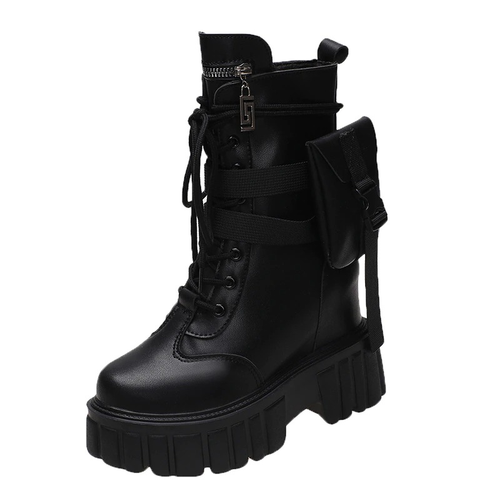 Modische Damen-PU-Lederstiefel/Schnür-Plateauschuhe mit Tasche