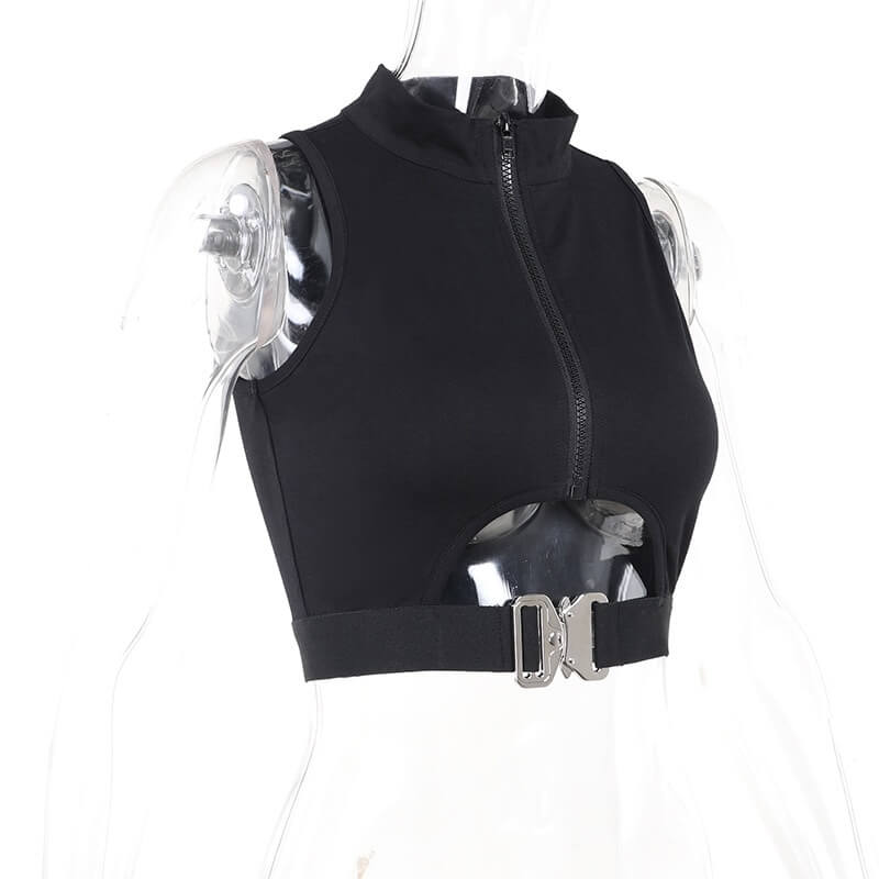 Fashion Women's Sleeveless Buckle Crop Top / Gothic Sexy Bodycon Streetwear - HARD'N'HEAVY