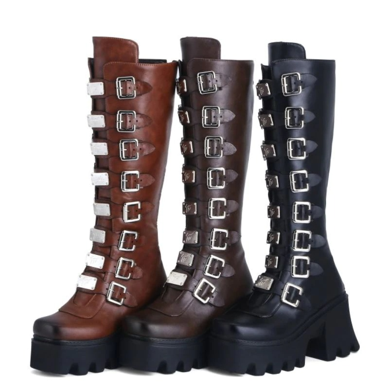 Fashion Women's Zipper High Boots with Buckles / Sexy Female Thick Platform Long Boots - HARD'N'HEAVY