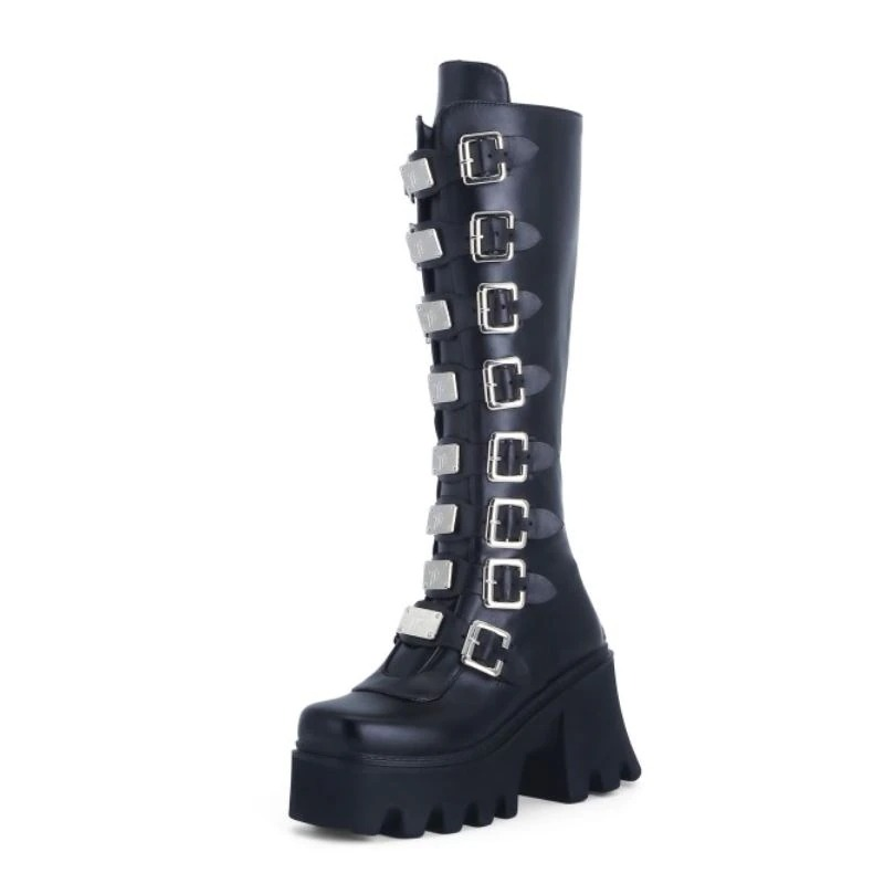 Fashion Women's Zipper High Boots with Buckles / Sexy Female Thick Platform Long Boots - HARD'N'HEAVY