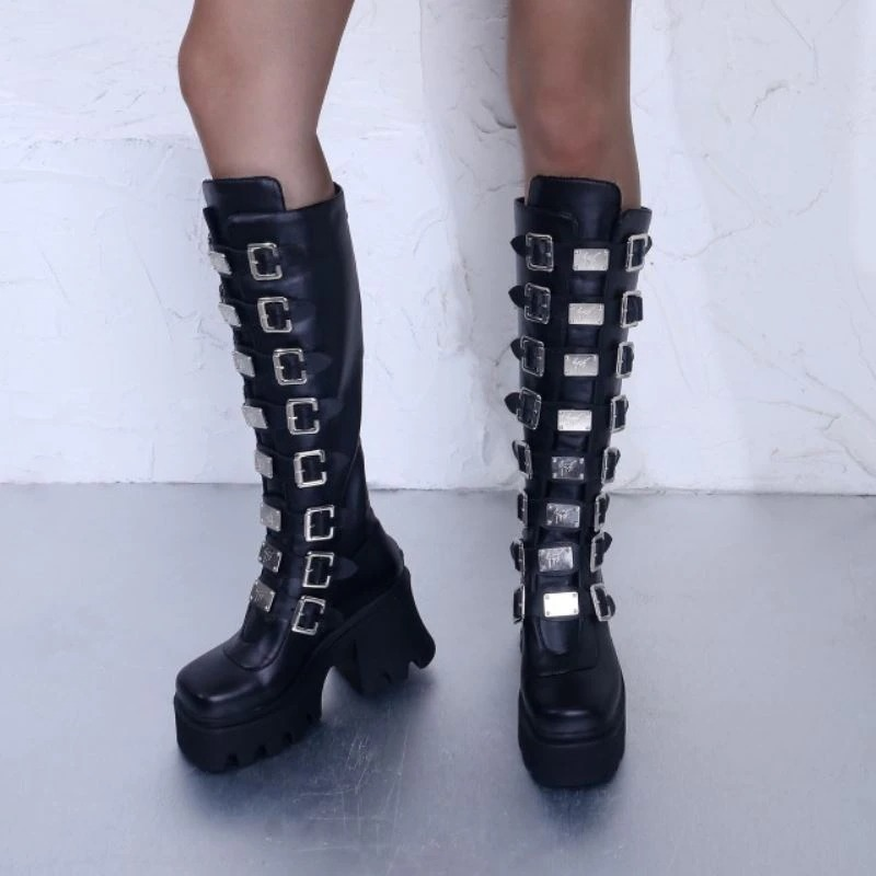 Fashion Women's Zipper High Boots with Buckles / Sexy Female Thick Platform Long Boots - HARD'N'HEAVY
