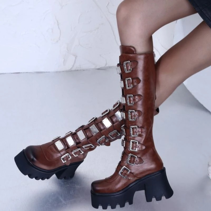 Fashion Women's Zipper High Boots with Buckles / Sexy Female Thick Platform Long Boots - HARD'N'HEAVY