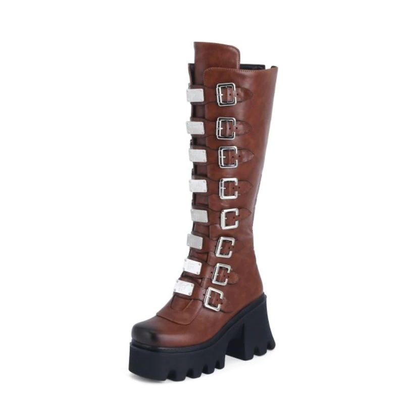 Fashion Women's Zipper High Boots with Buckles / Sexy Female Thick Platform Long Boots - HARD'N'HEAVY