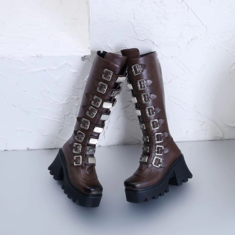 Fashion Women's Zipper High Boots with Buckles / Sexy Female Thick Platform Long Boots - HARD'N'HEAVY
