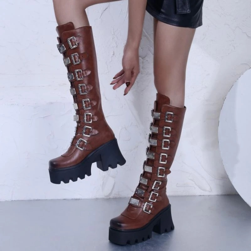 Fashion Women's Zipper High Boots with Buckles / Sexy Female Thick Platform Long Boots - HARD'N'HEAVY