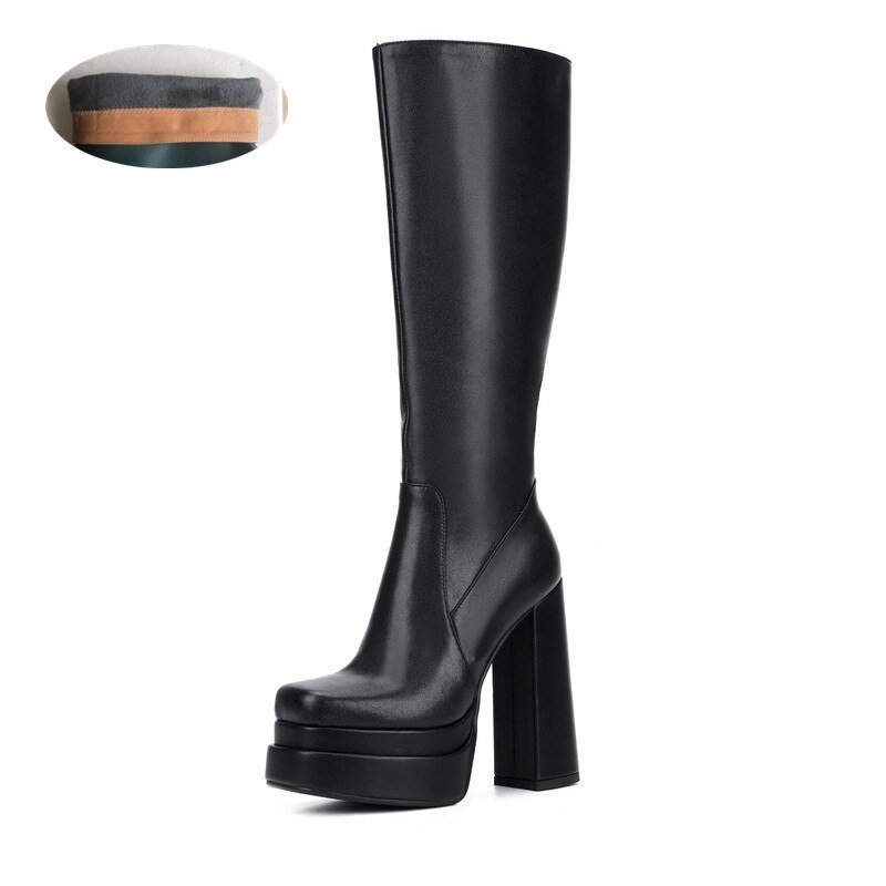 Fashion Women's Zipper Long Genuine Leather Ankle Boots / Sexy High Heels Chunky Platform Boots - HARD'N'HEAVY