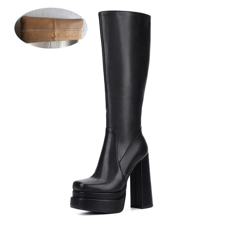 Fashion Women's Zipper Long Genuine Leather Ankle Boots / Sexy High Heels Chunky Platform Boots - HARD'N'HEAVY