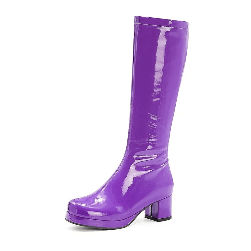 Purple chunky square heel mid-calf boots for women, perfect for stylish casual outfits.